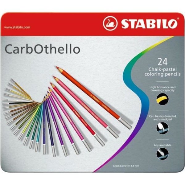STABILO CarbOthello - Metalllåda - set med 24 pastellfärgade kolfärgade pennor