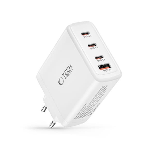 Nätadapter 4 portar - Tech-Protect NC100W-GAN - 100W - PD 3.0 - Vit Vit