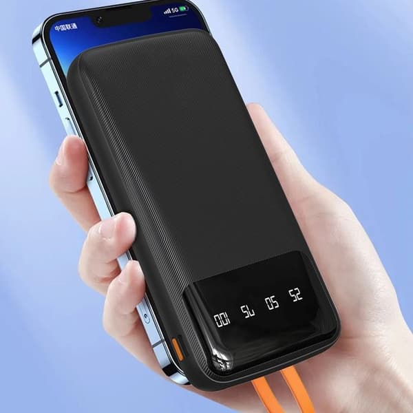 Extern batteri K6Pro 10 000 mAh med integrerade USB-C, microUSB och Lightning-kablar för iPhone - Svart