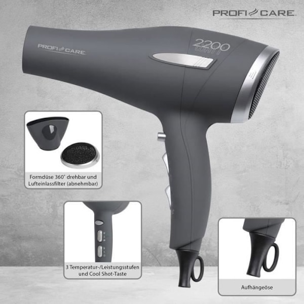 Profi-Care PC-HT 3045 hårtork - Märke: Profi-Care - Effekt: 2200 W - Färg: antracit Grå