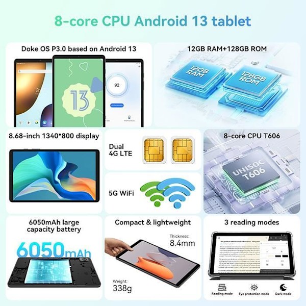 Blackview Tab 60 Touch Tablet 8,68" Android 13 12GB+128GB-SD 1TB 6050mAh 8MP+5MP PC Mode,5G WiFi,4G Dual SIM Tablet PC - Grå