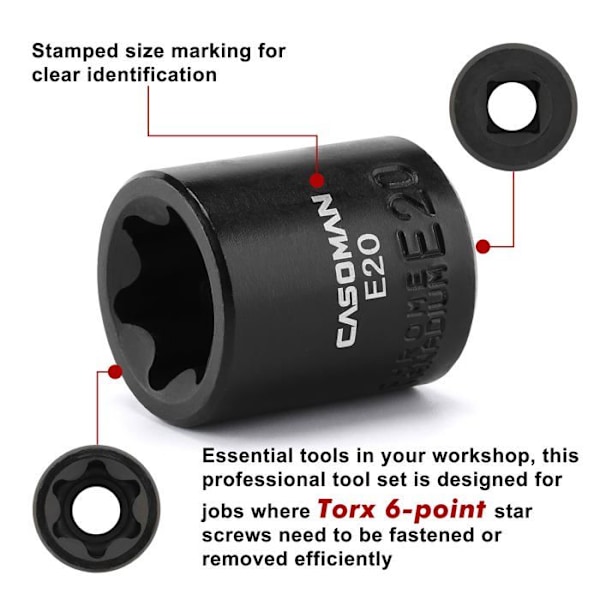 Casoman - CS024 - 11 st hona E-TORX Star Socket Set med skena, hona External Star Socket Set, E4 - E20 Moment Socket Set