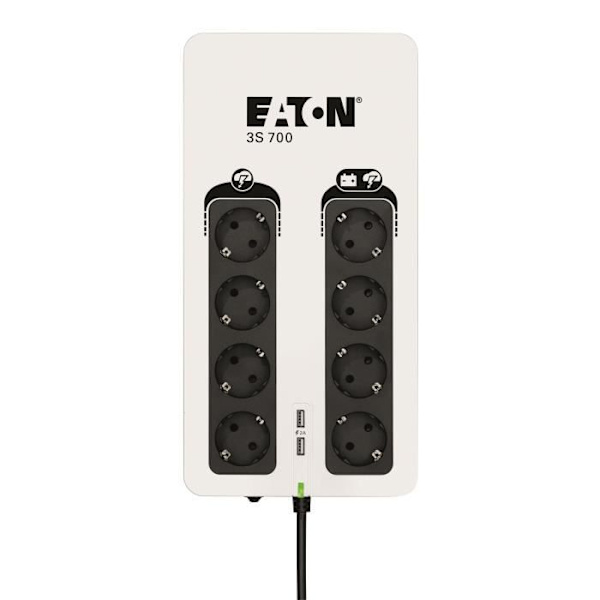 Växelriktare/grenuttag/blixtskydd - EATON 3S 700 DIN - Off-line UPS - 3S700D - 700VA (8 DIN-uttag + 2 USB-laddningsportar) Svart, Vit
