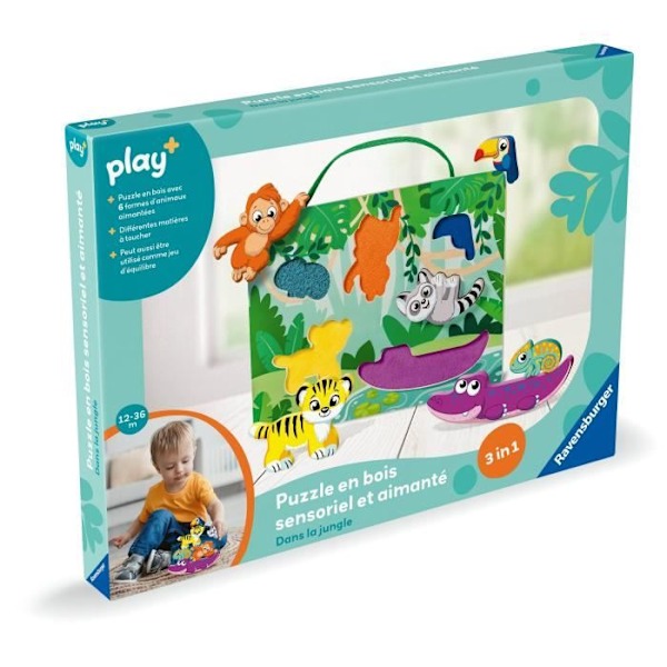 Ravensburger play+, Sensoriskt och magnetiskt träpussel - I djungeln, 6-36 månader, Första ålder, baby Flerfärgad