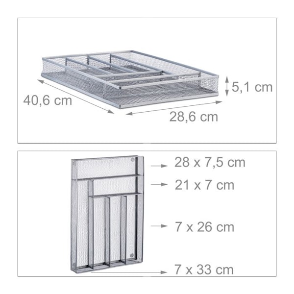 Relaxdays Bestickhållare i metallnät, besticklåda HxlxP: 5,1 x 28,6 x 40,6 cm, silver silver-