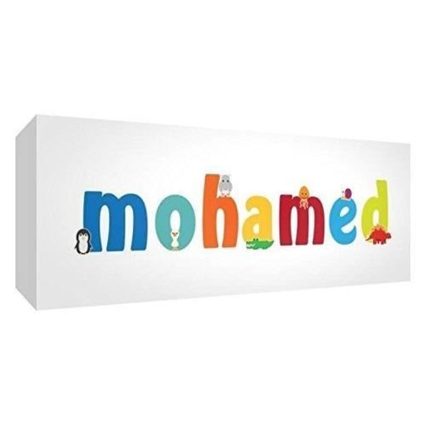 Little Helper Canvas Gallery Box insvept med färgglad illustrativ stil Frontpanel med Young Boy's Name Mohamed 15 x 42