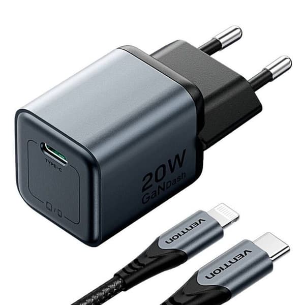 Laddare - Vention Väggadapter USB-C GaN 20 W + USB-C-kabel 1 m (grå)
