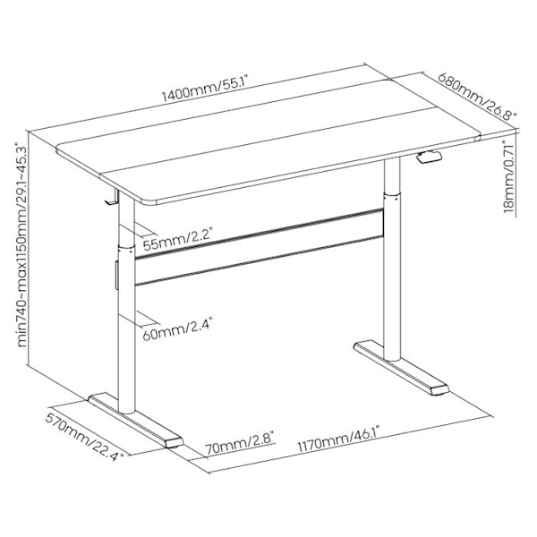 Kontorsbord med platta 140x68cm Ergo Office, gasfjäder, justerbart i höjd, för stående och sittande arbete, maxhöjd 115cm, ER-453 svart