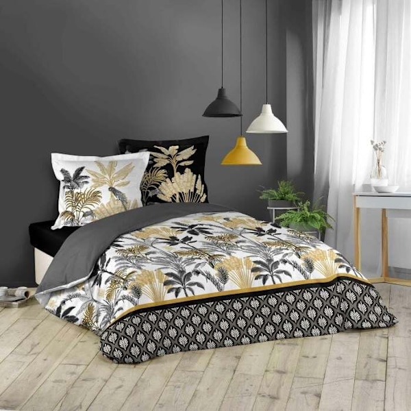 Sängkläder - KARABA - 240x220 cm - 100% bomull - Heltryckt - 3 delar Svart