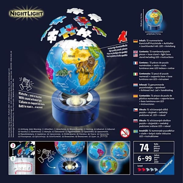 Ravensburger - 3D Globe World Map Pussel med LED - 72 bitar Blå