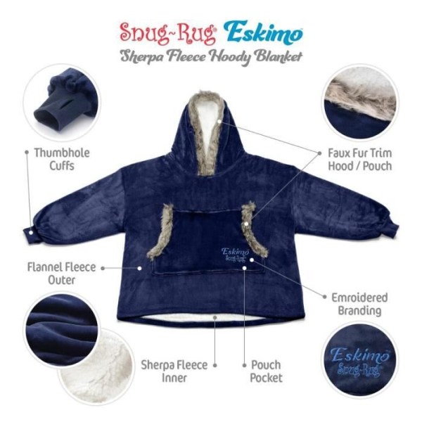 Snug Rug Blue - Eskimo Hooded Filt Oversized Mjuk och Varm - Fleece Sherpa Tyg - One Size och Unisex