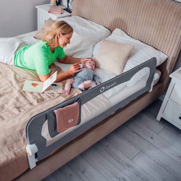 LIONELO Eva babysängstång - 150cm fallskydd - Vikbart ventilerat nät - Grå Grå Vit