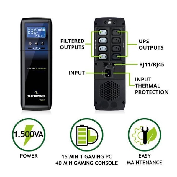 Ondulator - Tecnoware - EXA PLUS 1500 - 1500 VA - Autonomi 40 min - Tyst och kompakt