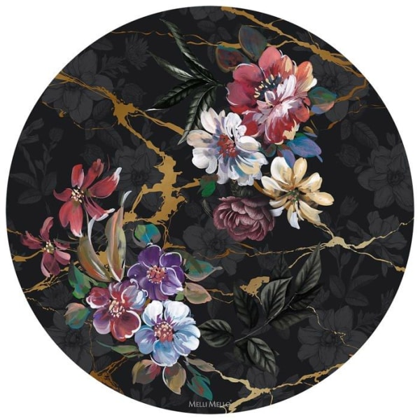 Målning - canvas Melli mello Rachel wallcircle vilda blommor med mörk bakgrund och gyllene marmormönster för interiör 30 cm