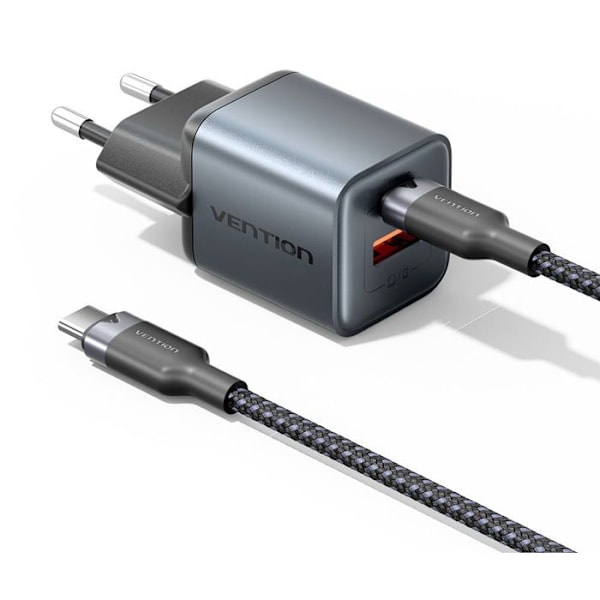 Vention USB-laddare (C A) GaN med 2 portar (30W/18W) grå med USB-C till USB-C-kabel (1M) svart EU-plugg