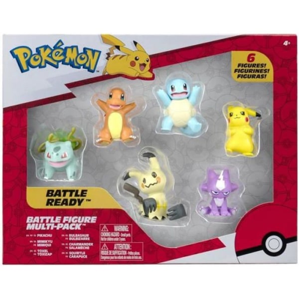 Paket med 6 Pokémon-figurer - BANDAI - Pikachu, Squirtle, Charmander, Bulbasaur, Mimiqui, Toxizap