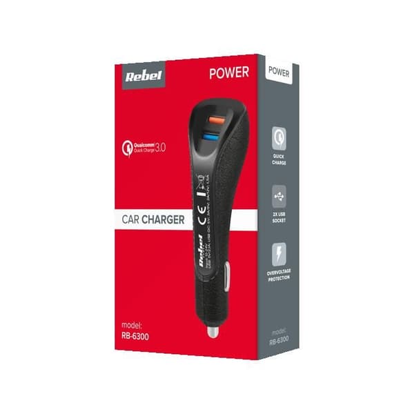 Bil Laddare REBEL 2xUSB - 5,1A - Quick Charge 3.0 - 15W - Svart
