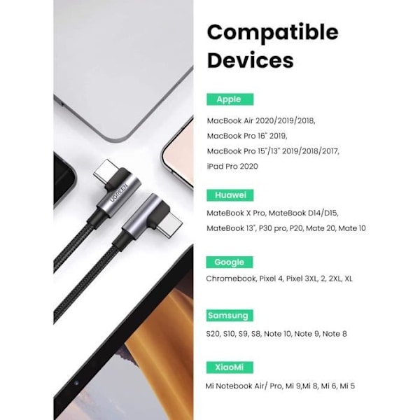 UGREEN USB C till USB C-kabel vinklad 90 grader 100W 5A, 1M