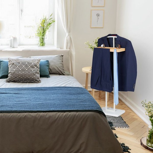 Relaxdays Valet de chambre, Natt, stöd i trä, stående, kostymer utan veck, MDF och metall, HlP 102 x 46 x 24cm, vit vit, ljusbrun