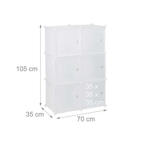 Relaxdays Kubhyllor garderob skåp förvaring 6 fack plast modulär DIY HxlxP: 105x70x35 cm, vit vit, transparent, silver