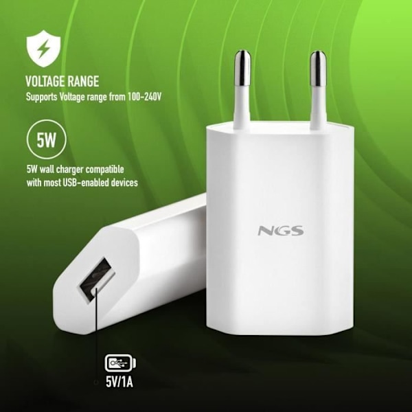 USB-laddare - NGS - BUCKET ACE - 5W - Automatisk detektering - Överhettningsskydd