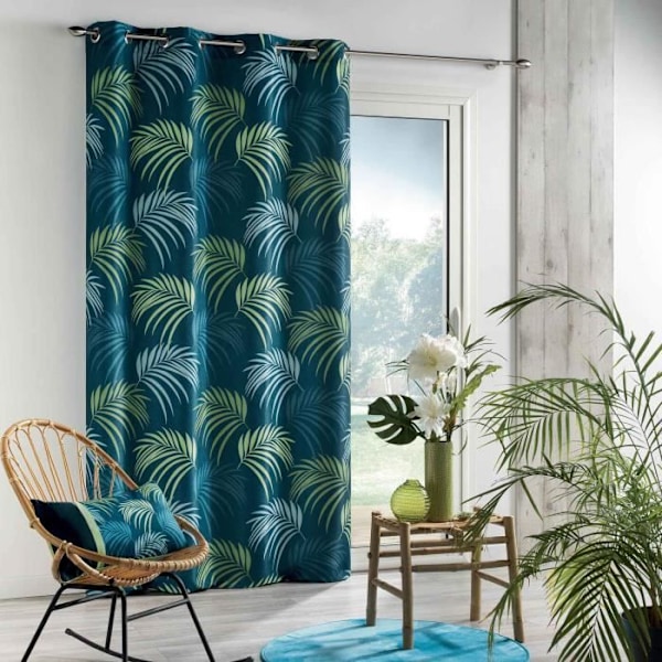 Öljegardin 140 x 260 cm polyester med växtblått tryck - DOUCEUR D'INTERIEUR - Mörkläggning - Inomhus Blå grön