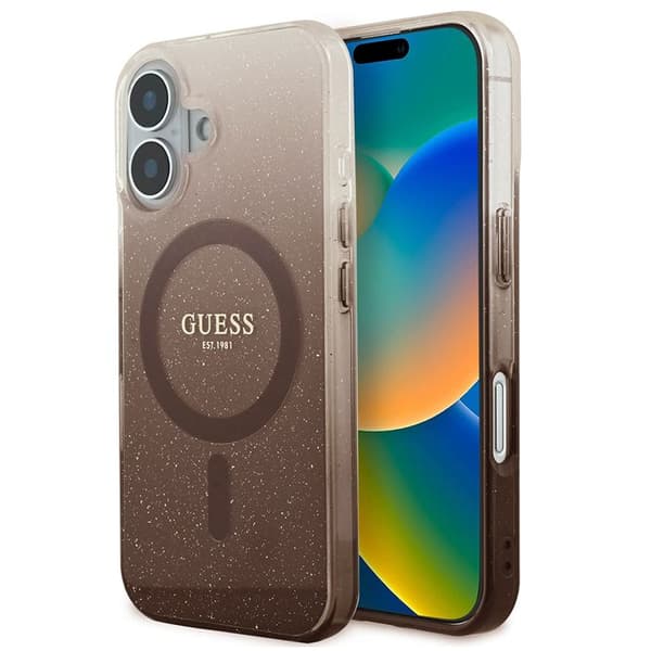 Coque Guess IML Glitter Gradient MagSafe för iPhone 16 Plus - Brun Brun