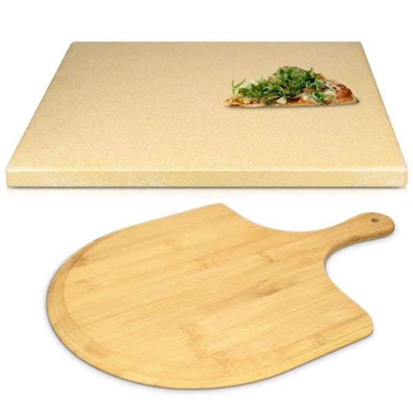 Navaris Pizzasten med spade - XL rektangulär pizzastenssats med bambuskyffel - traditionell trägrillugn
