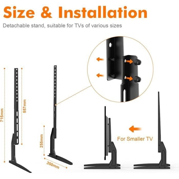 GRIFEMA Benstöds för TV Universell för TV-apparater 22-80, Höjdjusterbar, Stöder upp till 50kg, VESA Max 800x400mm, Lätt installation - Svart
