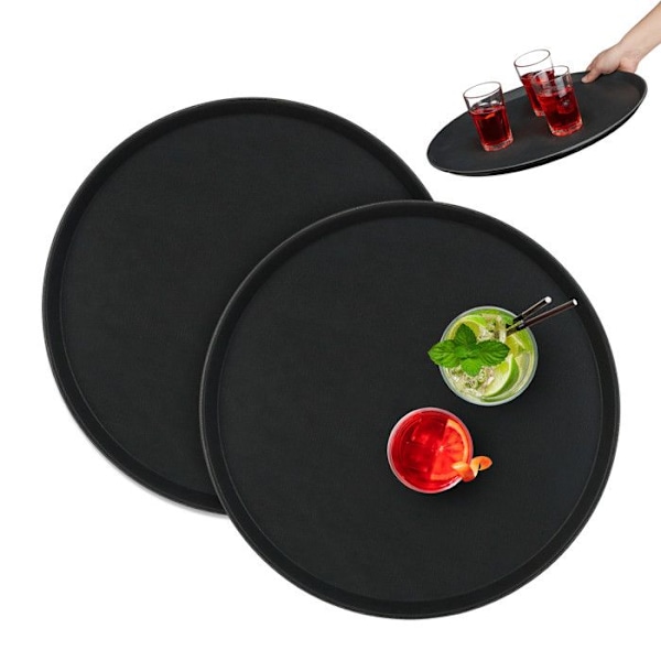 Relaxdays Set med 2 runda serveringsbrickor, diameter 45 cm, halkfri yta, restaurang, svart svart