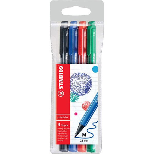 Filtpennor - STABILO - pointMax - 4 färger - medium spets - ultrabeständig Svart, blå, röd, grön
