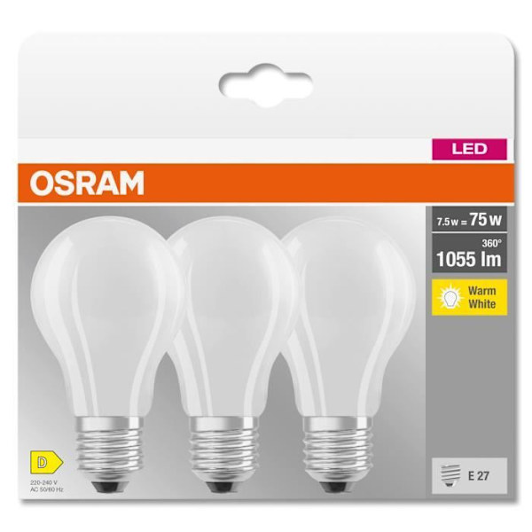 3x OSRAM LED BASE Classic A75, LED-lampor med frostat glasfilament för E27 bas, glödlampsform, varmvit (2700K), 1055 Vit
