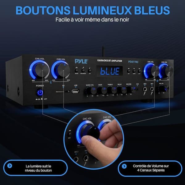 Pyle Bluetooth-förstärkare 800W 4 kanaler – MP3, USB, SD, AUX, RCA, FM, 2 mikrofoner