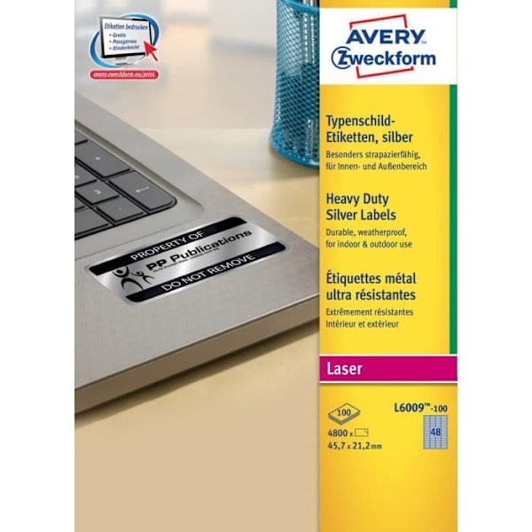Avery-Zweckform L6009-100 Namnskyltetiketter 45,7 x 21,2 mm Polyesterfolie Silver 4800 st Permanent
