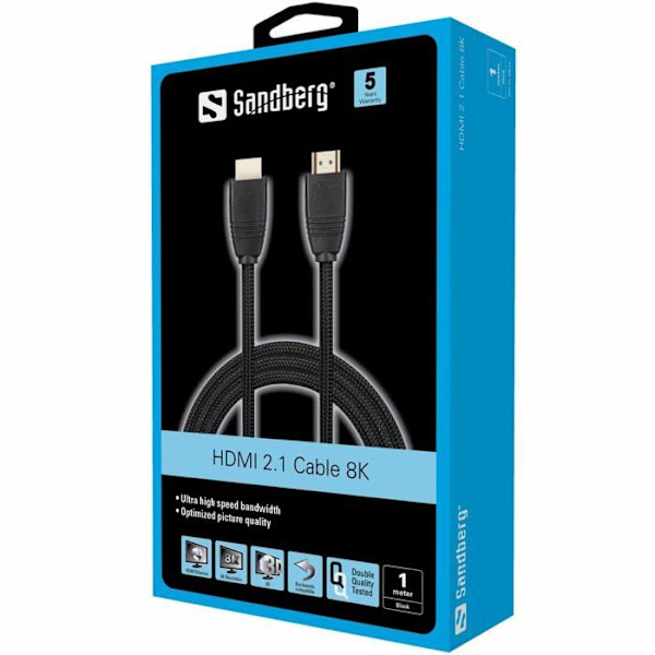 Sandberg - 509-13 - HDMI 2.1 HDMI-kabel 8 K 1 m HDMI-kabel 1 m HDMI Typ A (Standard) HDMI Typ A (Standard) Svart