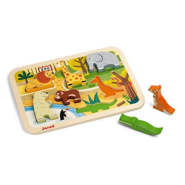 JANOD Wooden Zoo Puzzle 7 st - Från 18 månader - Djur - Motorik och fantasi Flerfärgad