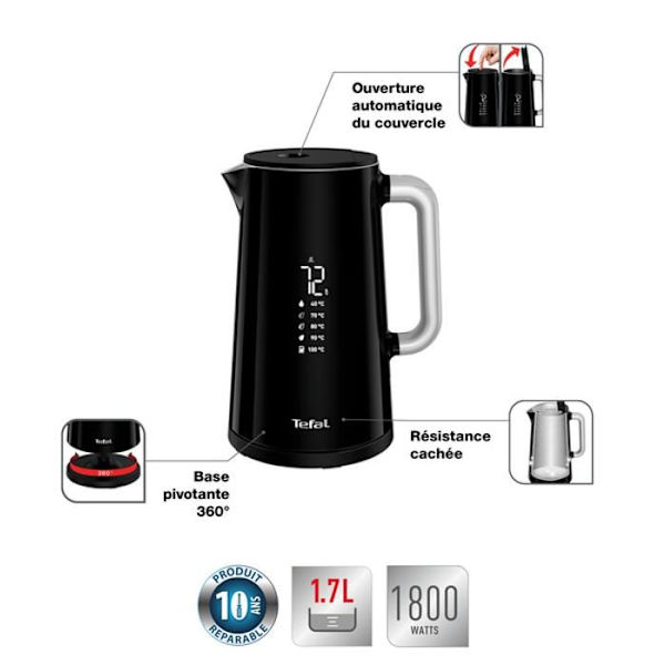 TEFAL Smart'n Light, Vattenkokare, Digital skärm, 1,7 L, 5 temperaturer, Anti-skållningsvägg, Rostfri inredning, 360° bas KO850810 Svart