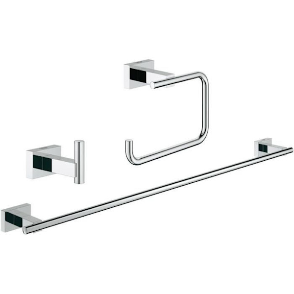 GROHE Essentials Cube 3-i-1 badrumstillbehörsset 40777001 - Väggkrok - Handdukstork - Toalettpappershållare - Krom