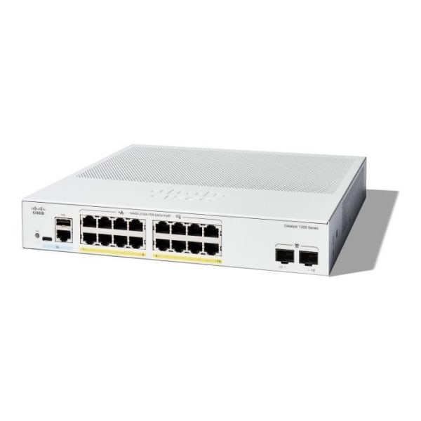 - Cisco - Cisco Catalyst 1300-16P-2G - Switch - C3 - Managed - 16 x 10/100/1000 (PoE+) + 2 x Gigabit SFP - Rackmonterbar - P