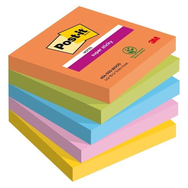 Post-it Boost Super Sticky Color Notes 76 x 76 mm - pad med 90 ark - Paket med 5