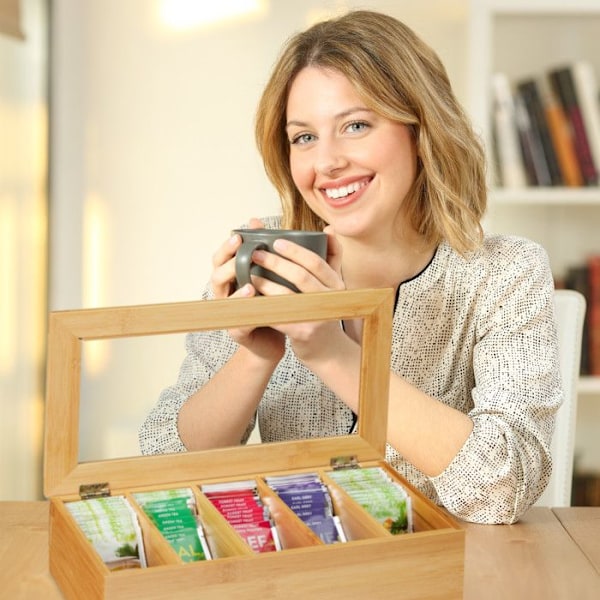 Relaxdays Tealåda, bambu, organiser med 5 fack, kaffekapslar, HxLxB 9 x 37 x 20 cm, natur ljusbrun