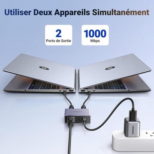 UGREEN Switch Ethernet 2 Port 1000 Mbps RJ45 Splitter Nätverk Kompatibel med Dator Router Decoder TV