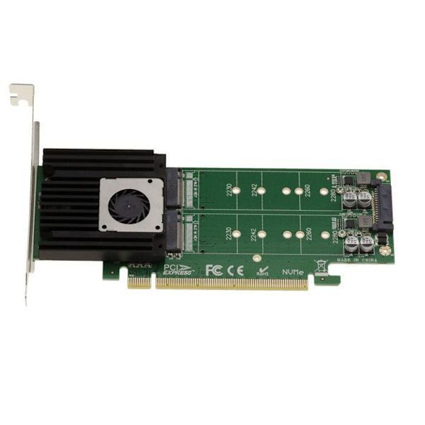 M2 PCIe 3.0 x16 styrkort för 4 M.2 NVMe M Key SSD:er. Hög och låg profil. ASM2824 chipset.