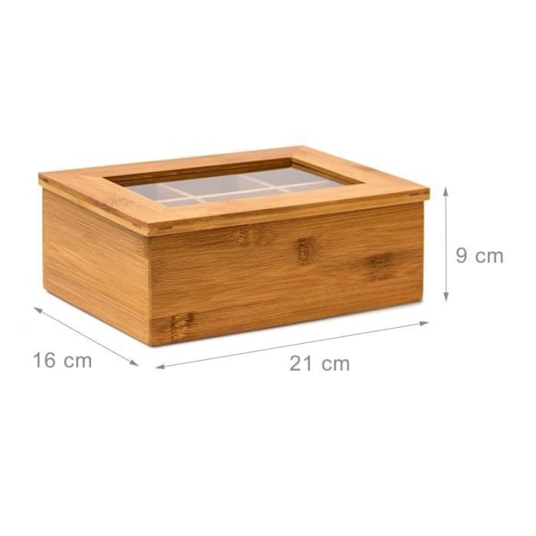 Relaxdays Bamboo Tea Caddy 6 fack Lös tepåse Box HxBxD: 9 x 22 x 16 cm Klart fönster, Natur -