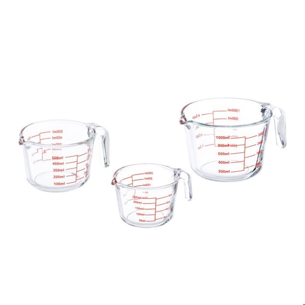 Relaxdays Set med 3 mätglas, måttkanna 250 ml, 500 ml, 1 L, värme- och mikrovågssäker, transparent genomskinlig, röd