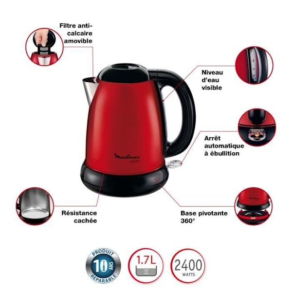 MOULINEX Subito Elektrisk vattenkokare, 1,7 L, Vridbar bas, Enkel öppning, Indikeringslampa, Automatisk avstängning BY540510 Röd