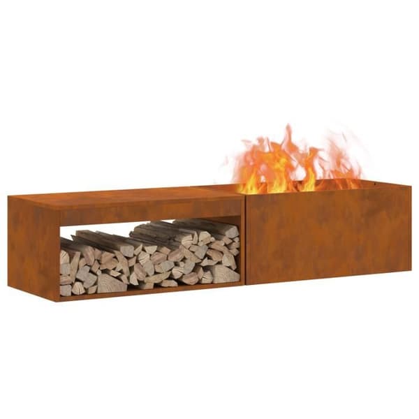 Braser - 160x45x35 cm - Väderbeständig stål - Rektangulär - Förvaring för ved brun