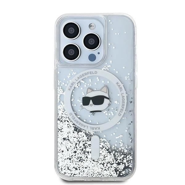 Hårdskal - Karl Lagerfeld - Flytande glitter Choupette-huvud - Transparent - iPhone 15 Pro Max - MagSafe Klar