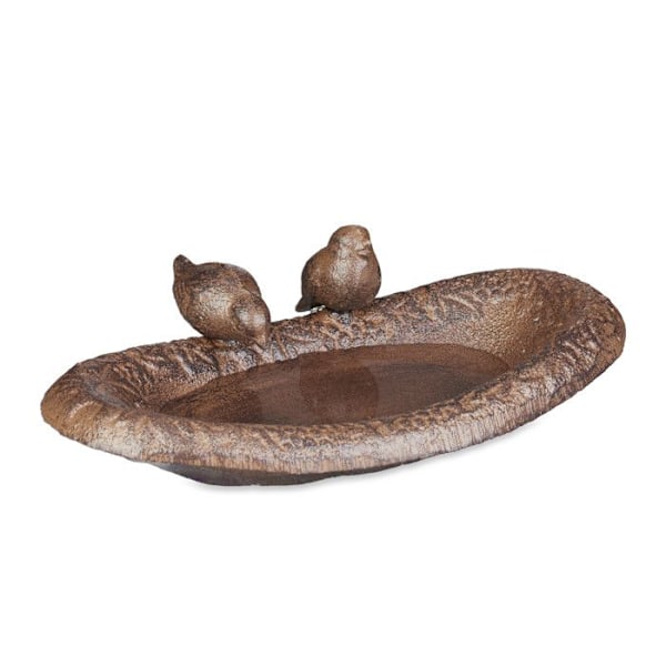 Relaxdays Fågelbad i gjutjärn, H x B x D: 7 x 24 x 12,5 cm, tillbehör för trädgård eller balkong, brun Brun