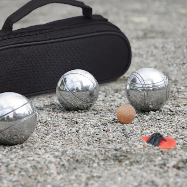 Relaxdays 3-pack metallic boules de pétanque, with cochonnet and tape measure, bag, outdoor game, silver and black svart silver
